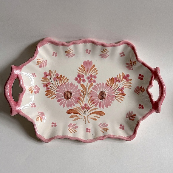 HB Quimper France Other - HB Quimper France Faience Camaieu Pink Floral Platter Tray With Handles